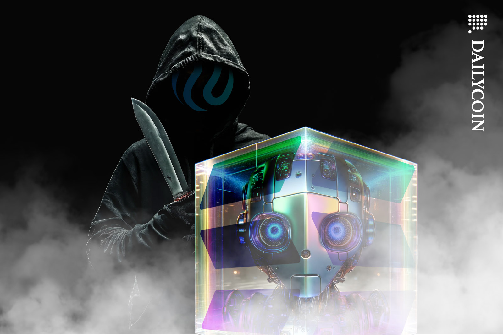 A hoodied killer with an Injective (INJ) logo for a face approaching a Solana robot from the back.