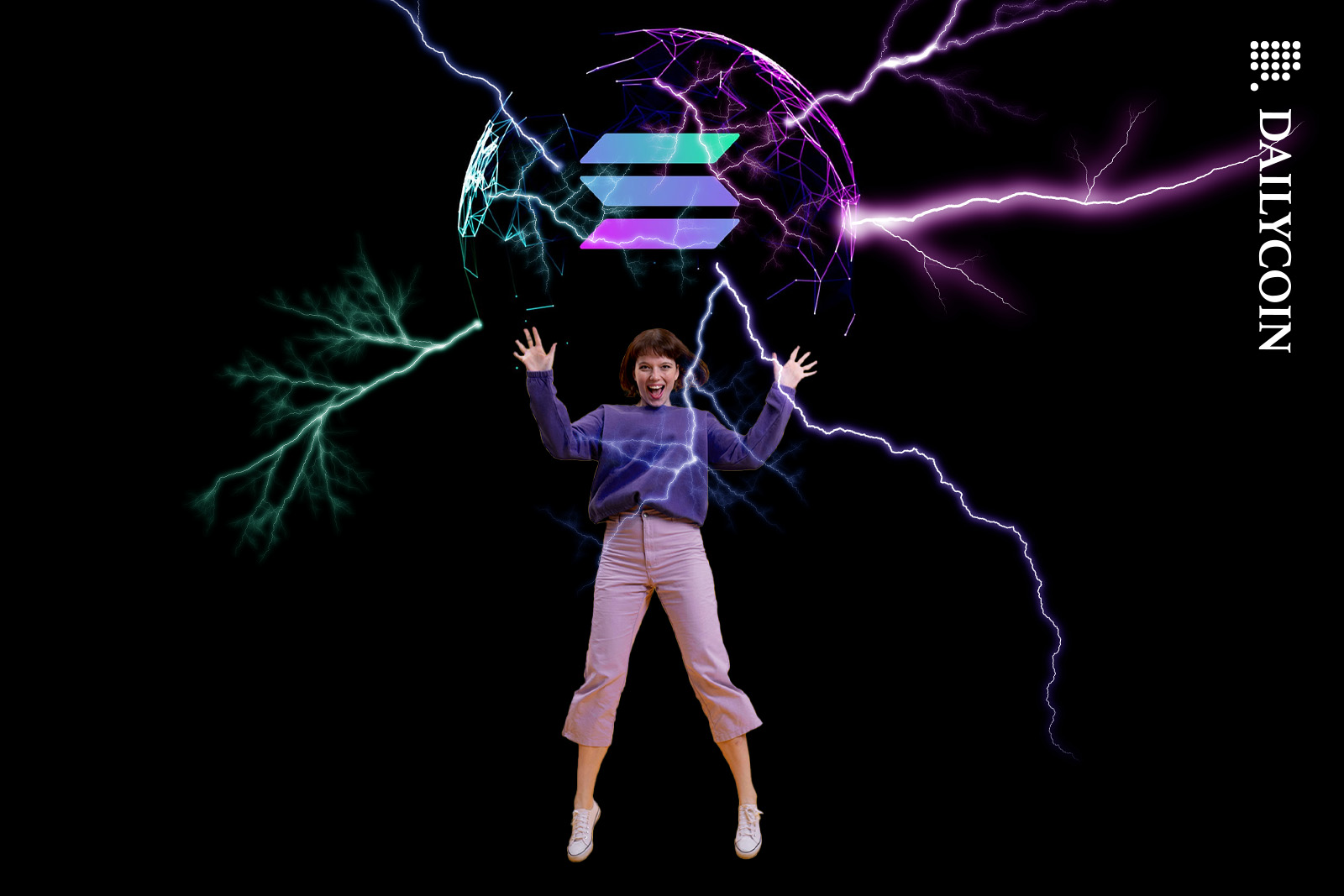 Woman holding up an electric Solana sphere.