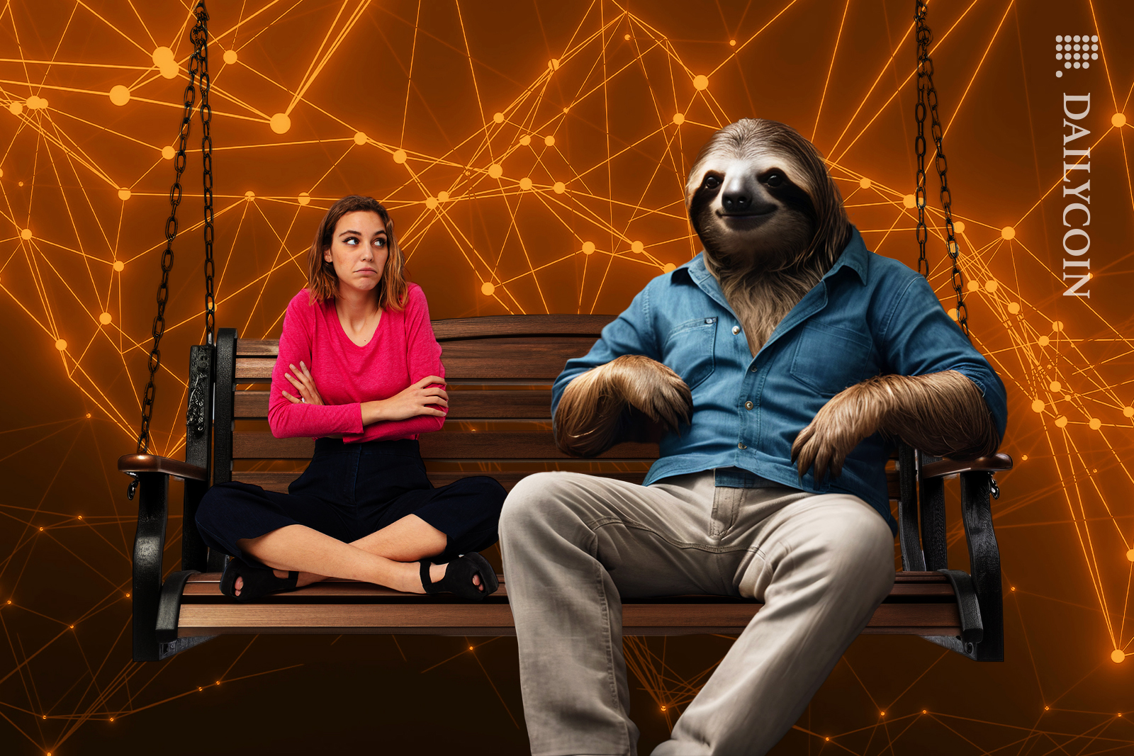 Girl sitting on a swing together with Solanas Slerf’s sloth, confused.