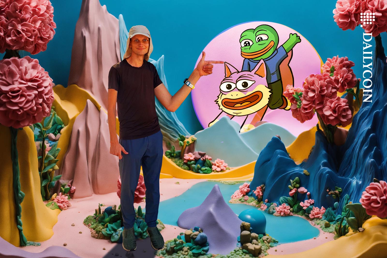 Vitalik Butterin pointing at some memecoin in a crazy looking landscape.
