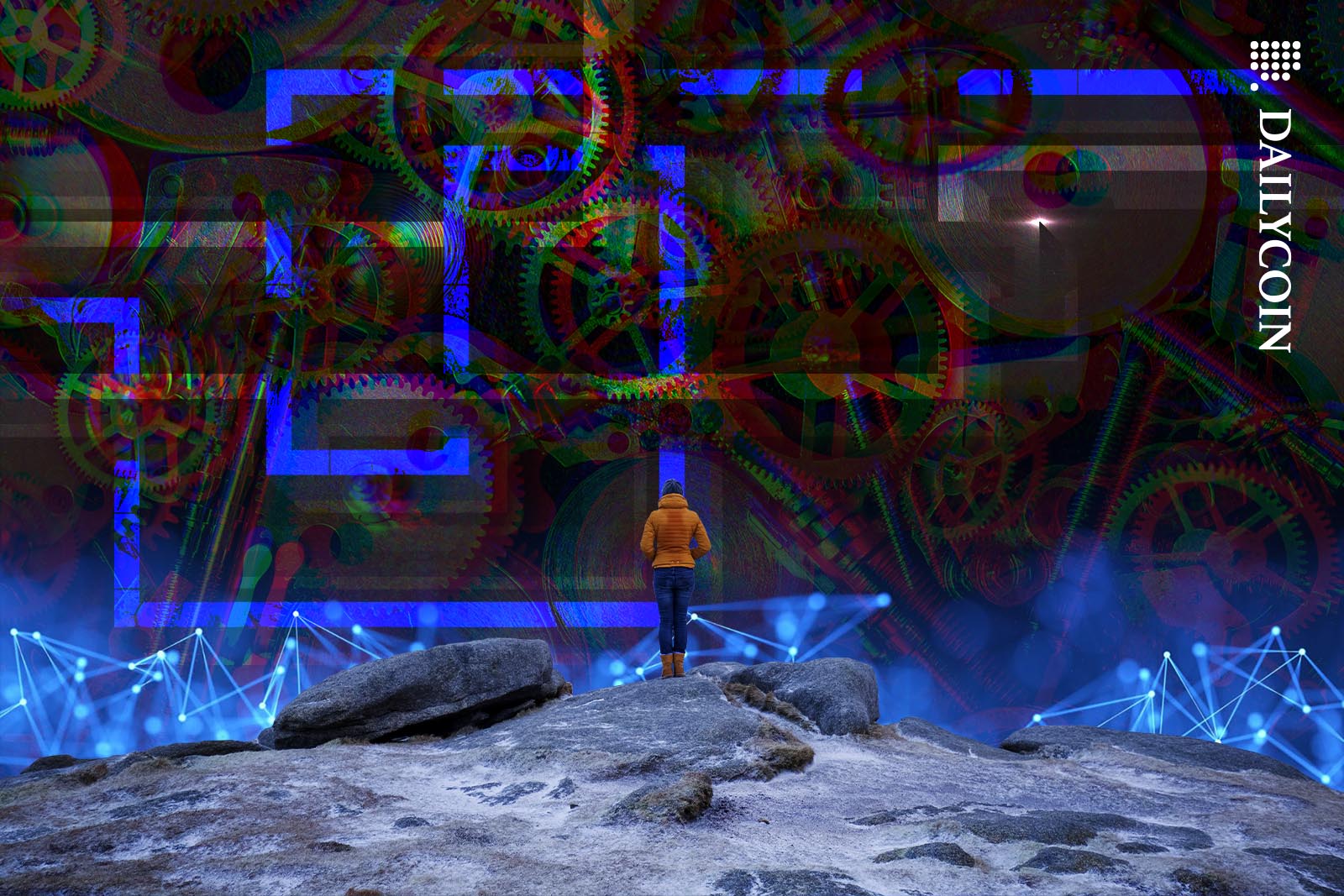 A woman looking at a giant complex machine type object from a cliff.