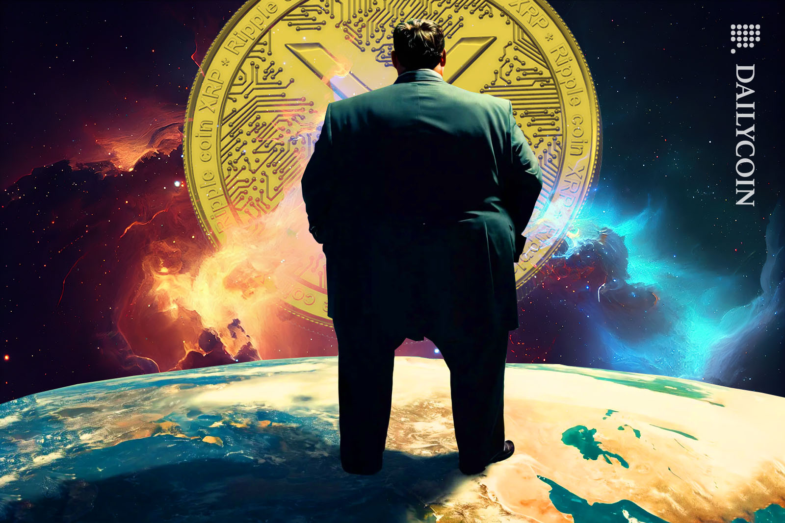 Big suited SEC man staring at a giant XRP coin in space.