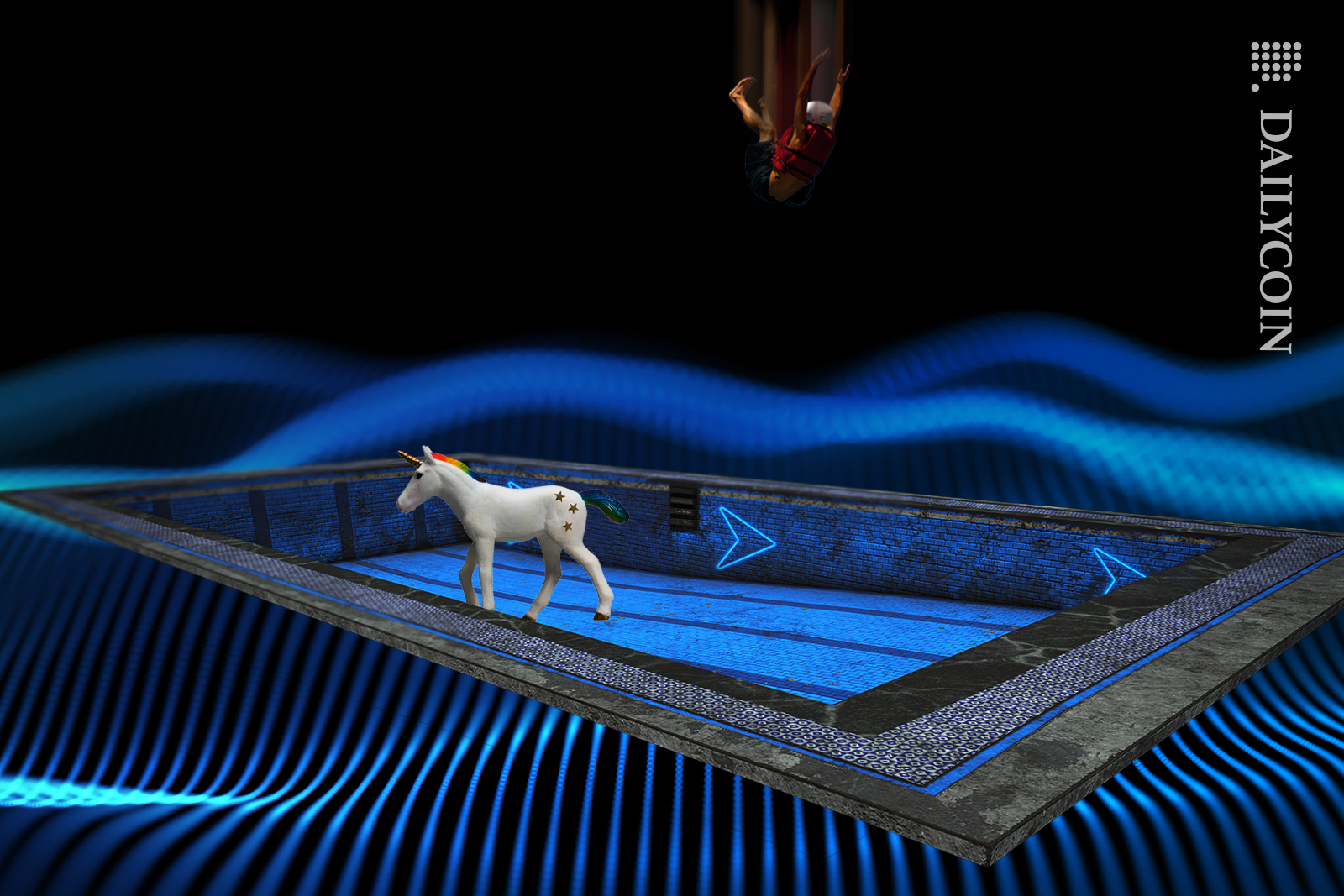 Sky diver falling from the sky without a parachute to an empty Air Dao pool with a unicorn walking around.