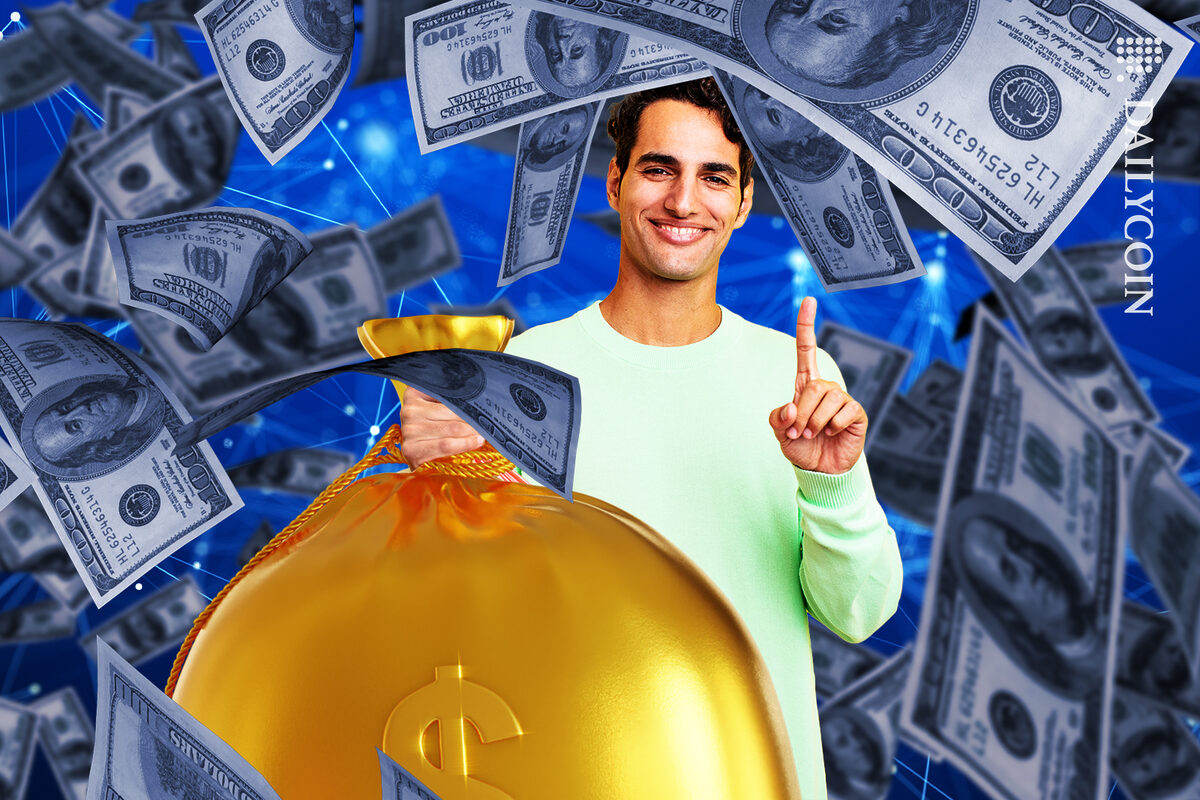 Guy holding a sack of money showing number one finger gesture.