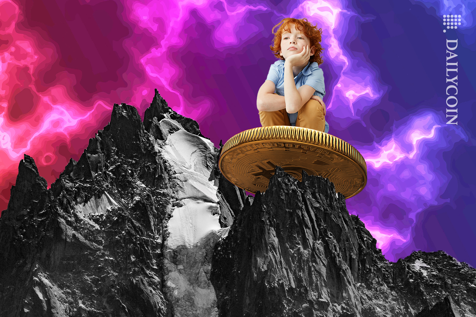 A small child sitting on a bitcoin and looking down from a top of a mountain.
