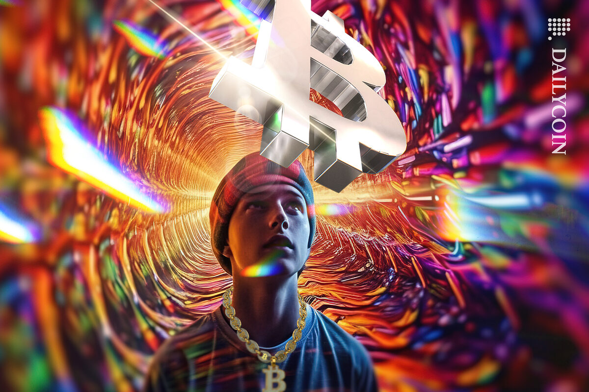 Bitcoin in the air floating in a trippy land, a boy in awe wearing a BTC necklace.