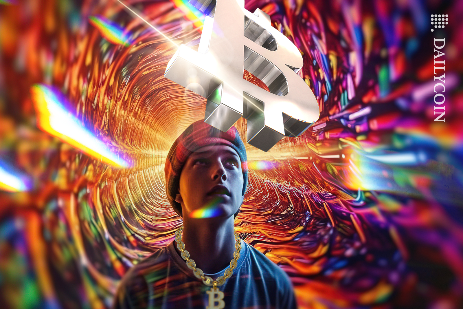 Bitcoin in the air floating in a trippy land, a boy in awe wearing a BTC necklace.