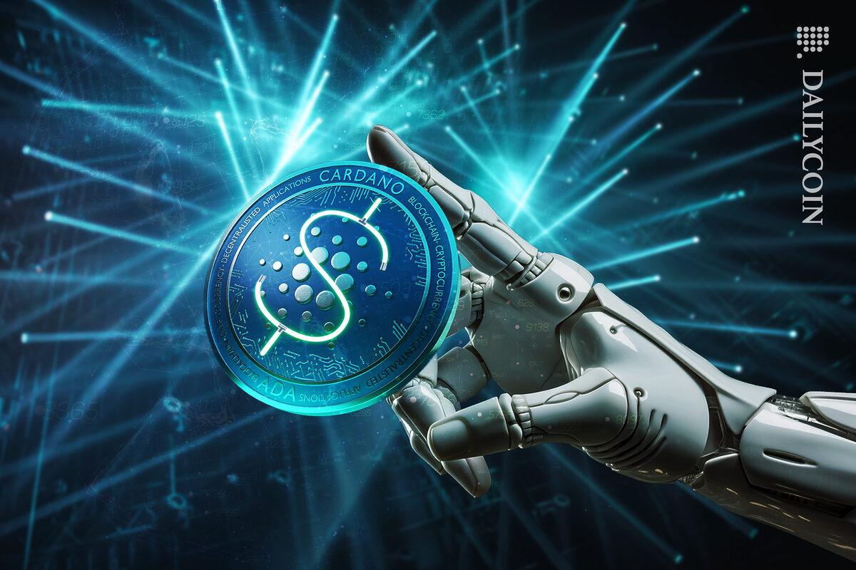 Robot hand touching a cardano coin and turning it into a dollar.