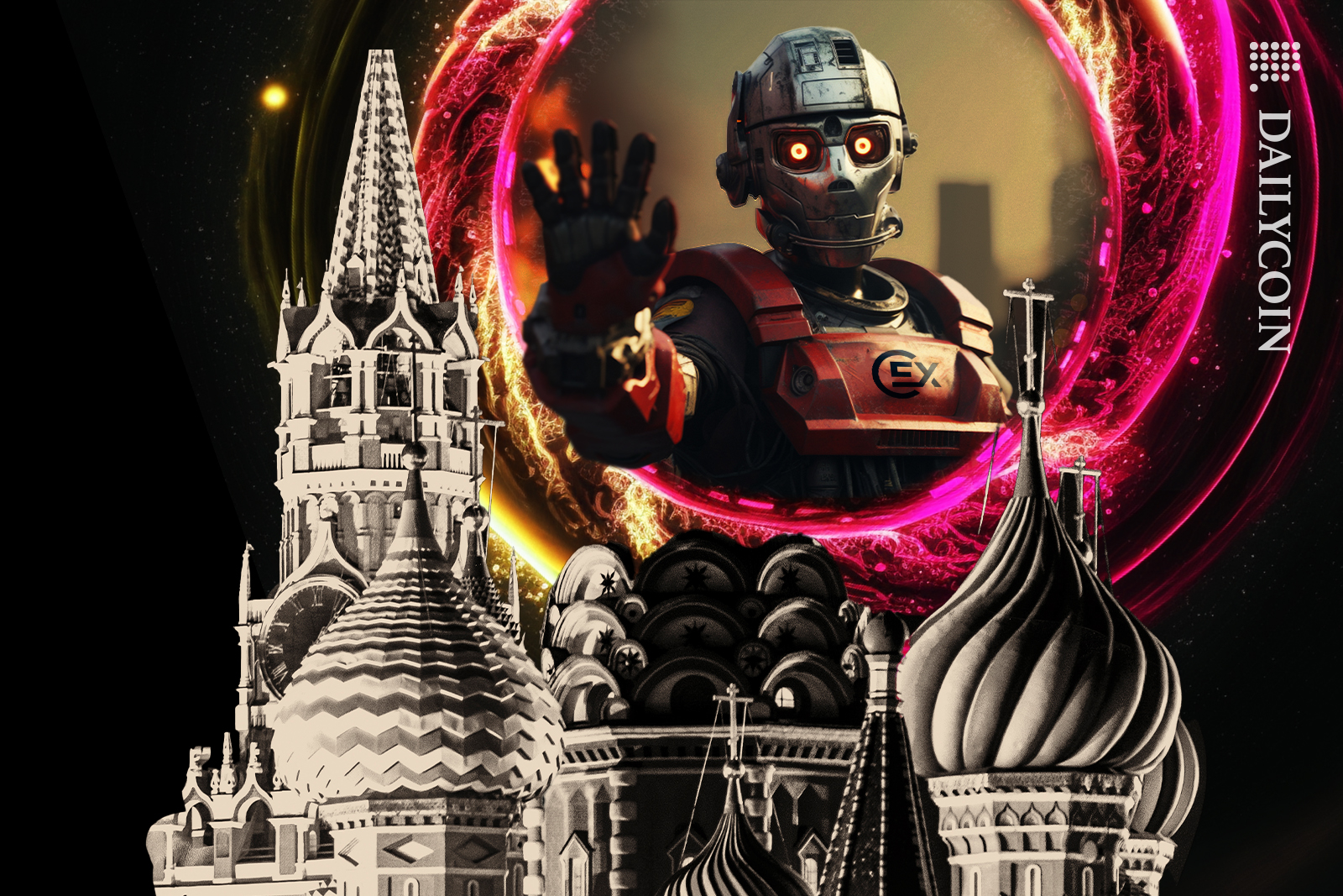 Commex robot waving goodbye to Moscow from his portal.
