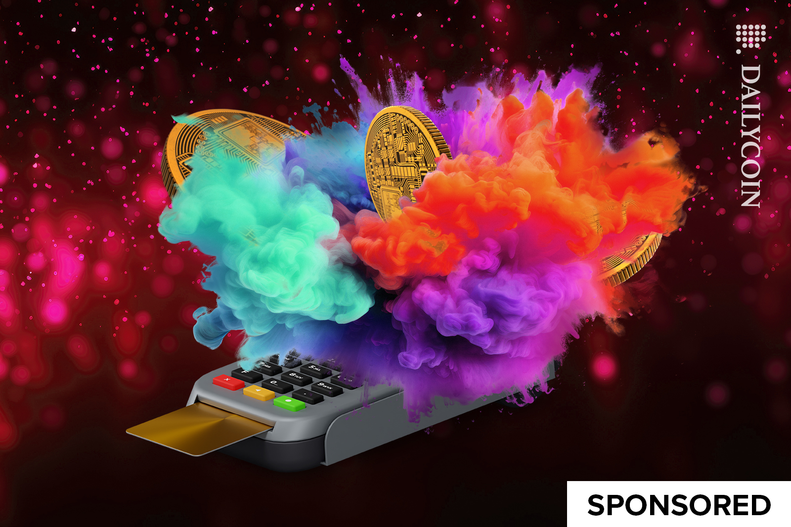 Card making a crypto payment burst of colours.