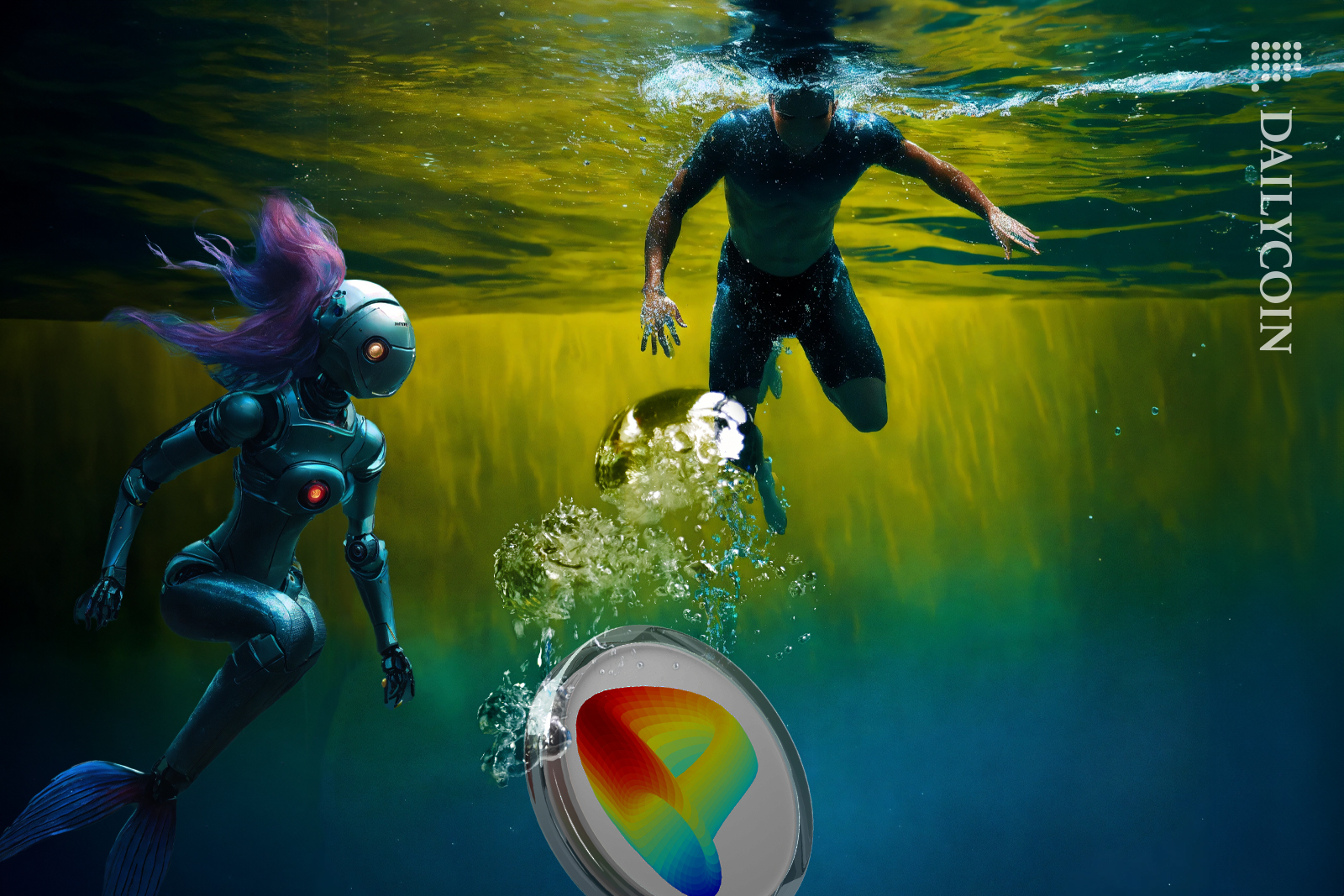 Robot mermaid and a man underwater sees Curve DAO sinking.