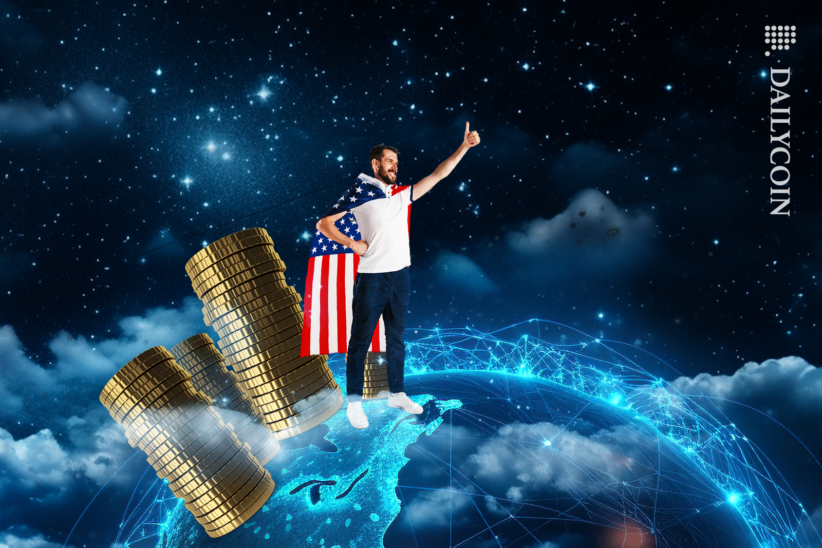 Proud American guy with massive coin gains on a digtial world.