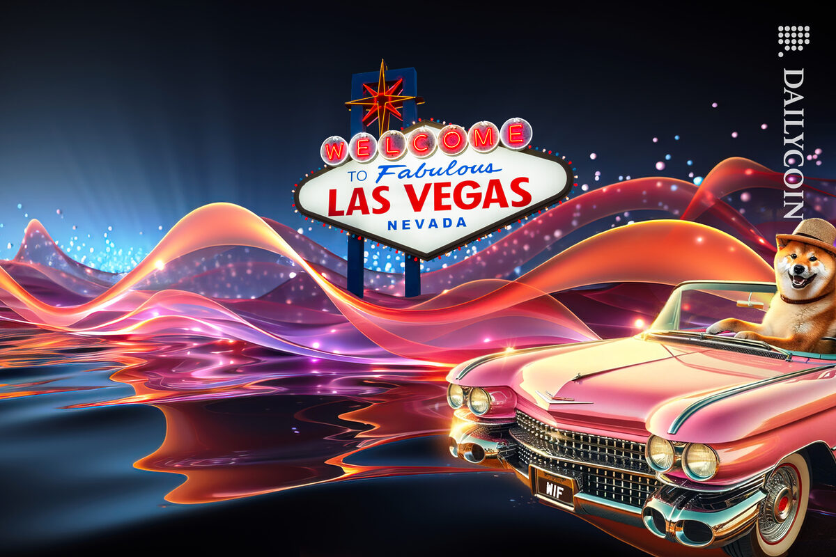 DOG WIF HAT driving in his pink cadillac to Vegas.