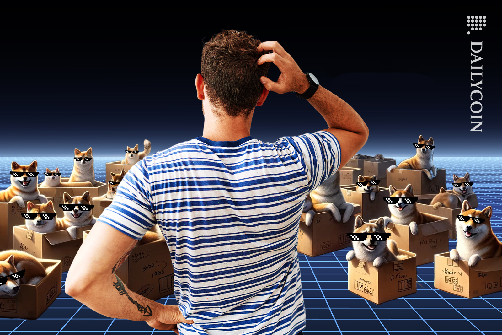 Guy has lots of Doge in storage boxes and does not know where to put them.