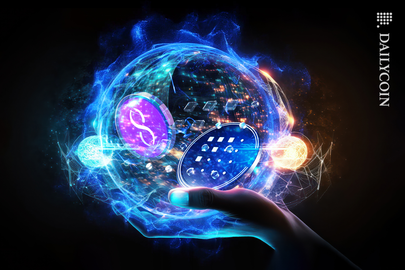 Hand holding a power ball with AGIX and FET coin together.