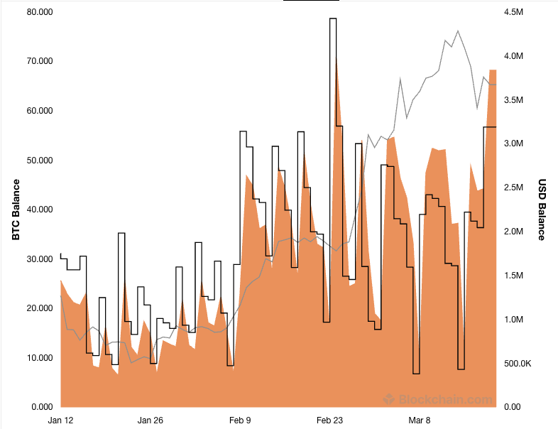 Chart of LBank Exchange's hot wallet balance from January to March 2024.