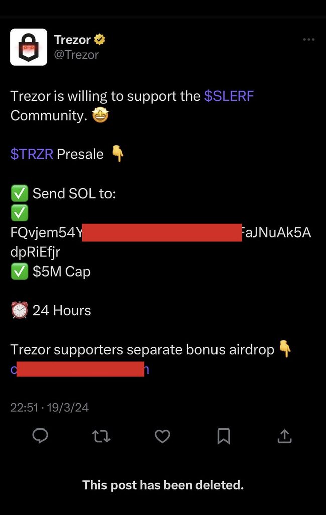 Snapshot of the fraudulent post made to Trezor's official X account.