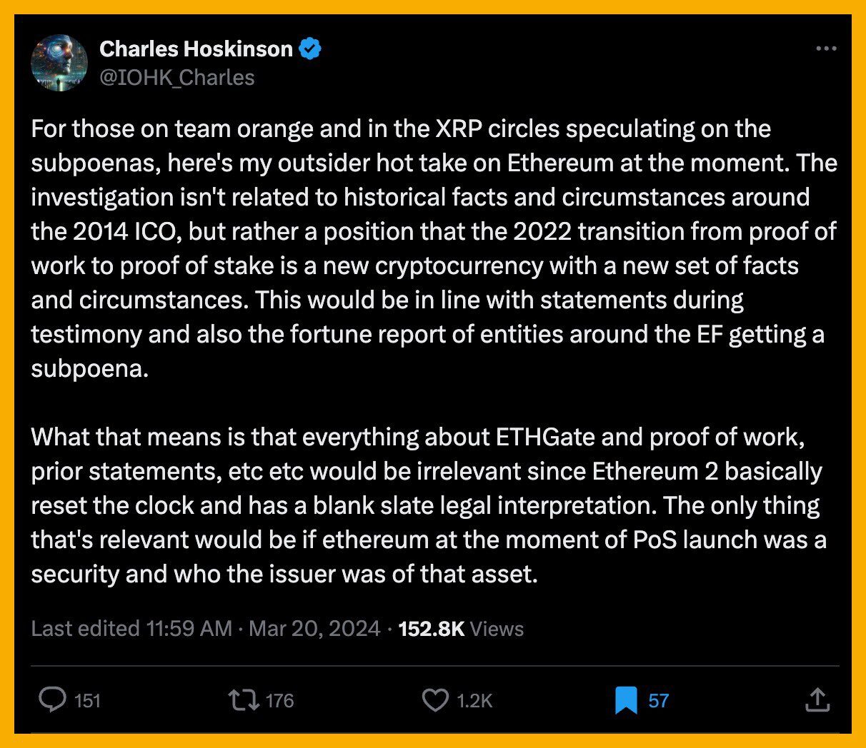 Charles Hoskinson comments on the Ethereum Foundation investigation. Source: X