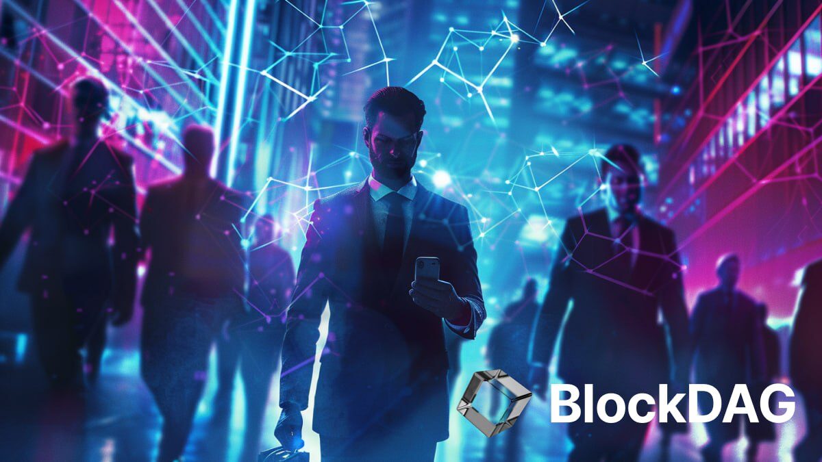 A man walking towards BlockDAG logo while holding a phone.