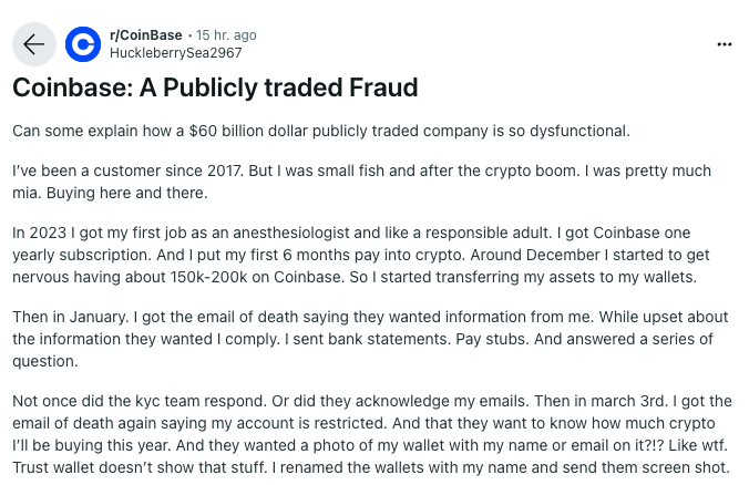 Reddit post on CoinBase subreddit.