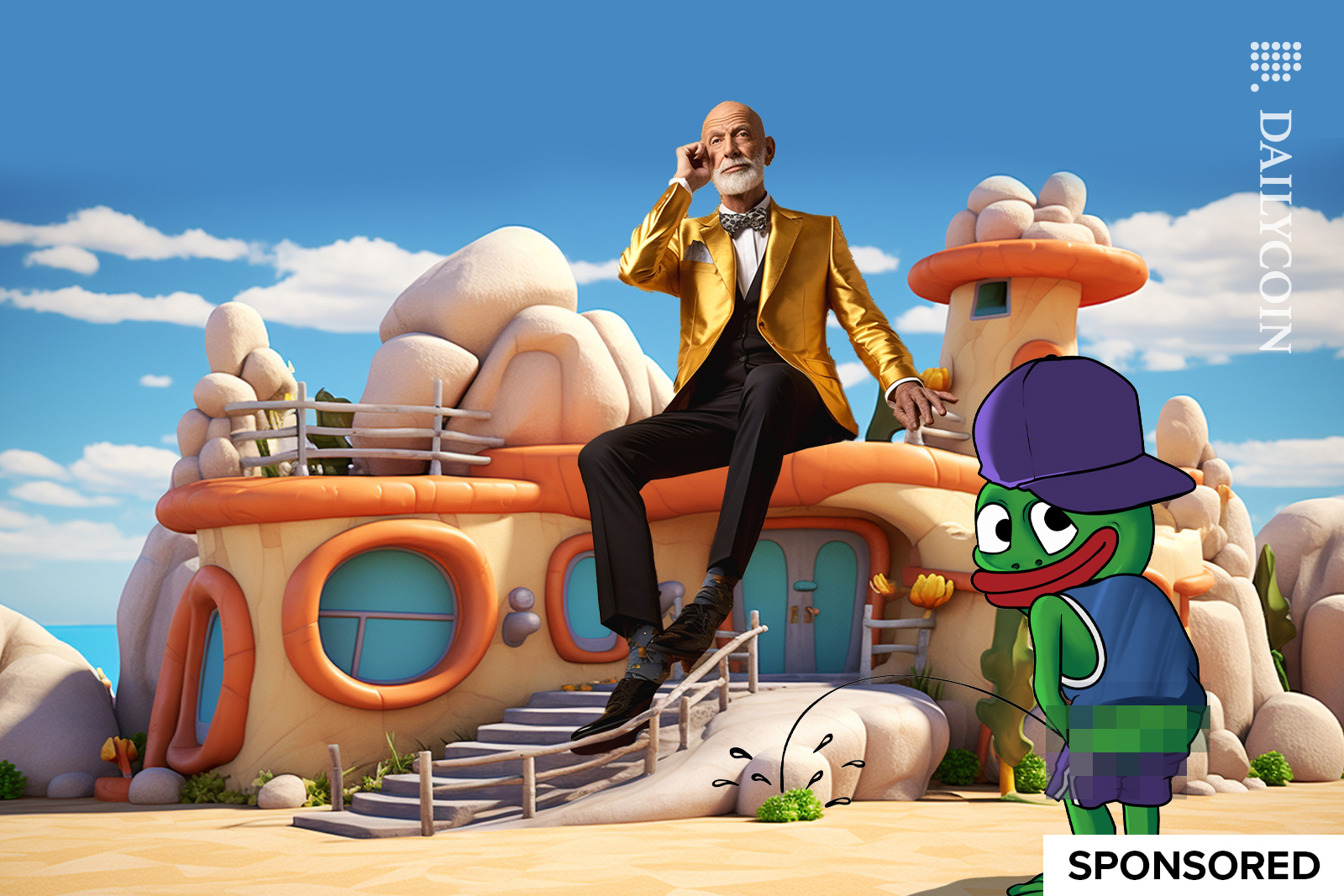 Green meme character taking a bathroom break on a rich mans flintstone looking house.