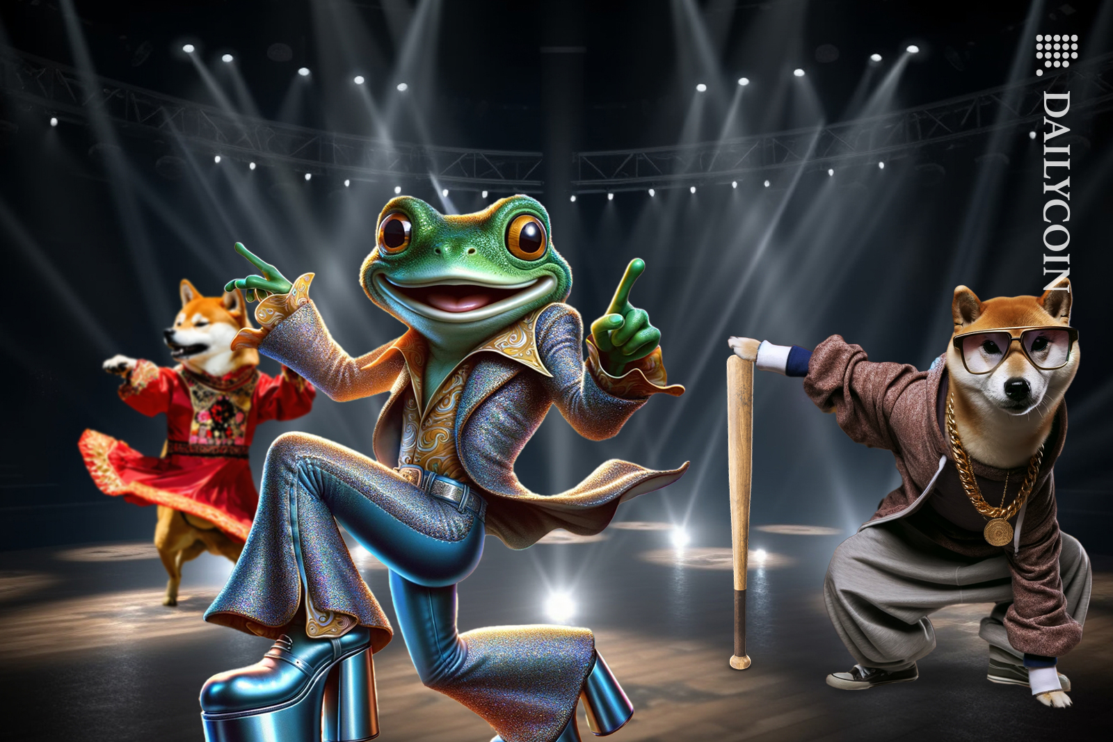 Shib spinning in circles dancing, Dogecoin with a baseball bat in hip hop clothes, and Pepe coin mascot with his disco moves on the dance floor.