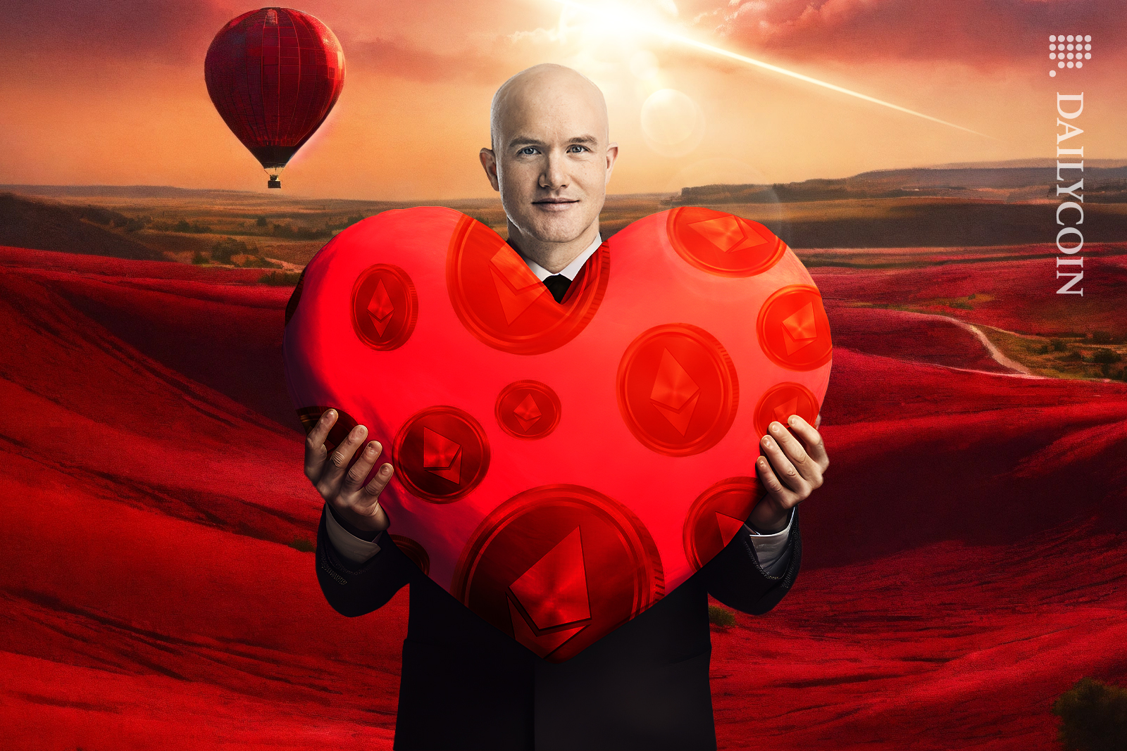 Brian Armstrong showing his love heart Ethereum pillow.