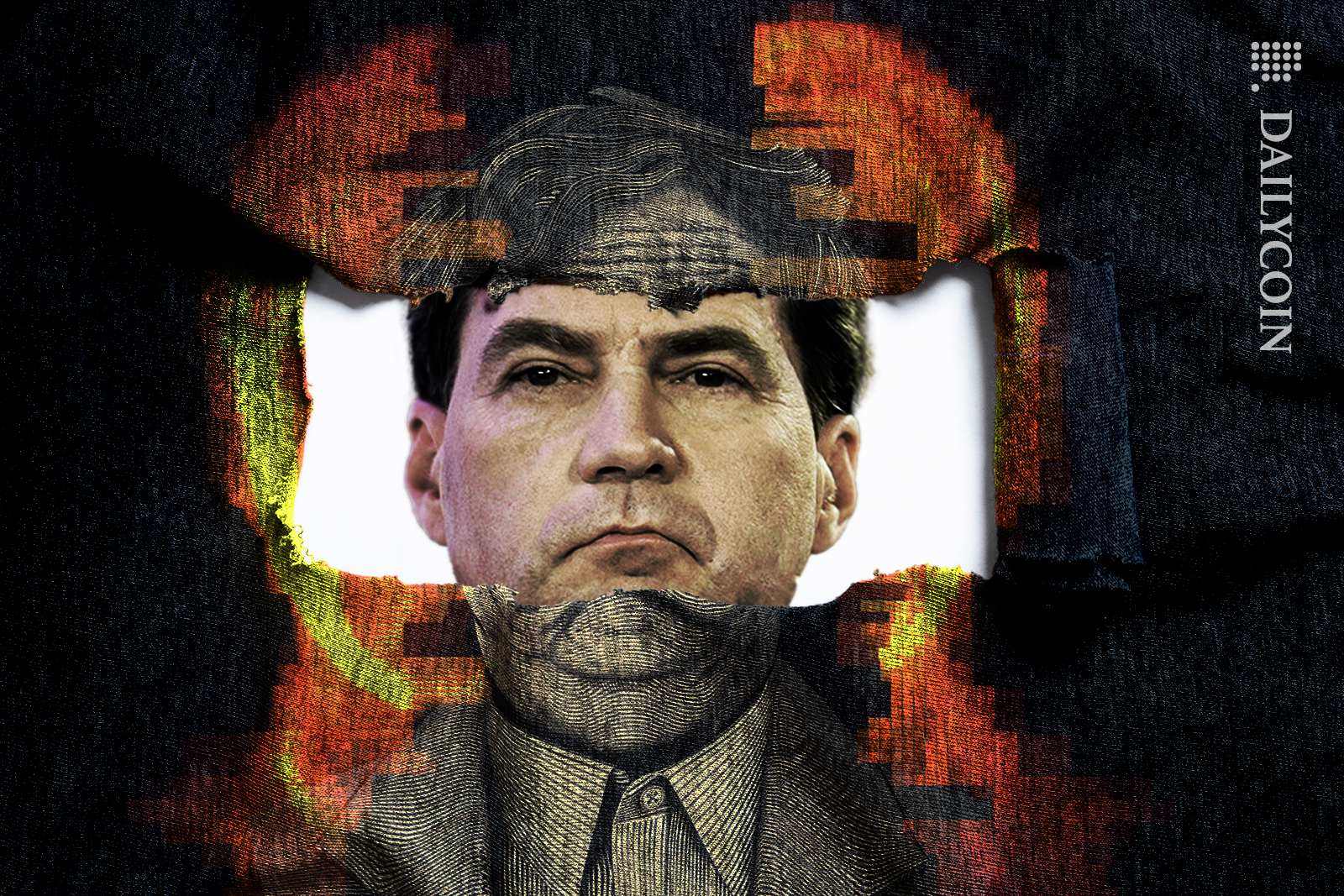 Satoshi Nakamoto fabric torn like a cell door window to show Craig Wrights face.