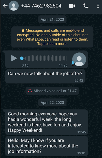 A snapshot of an "accidental" text message pretending to be a job offer.