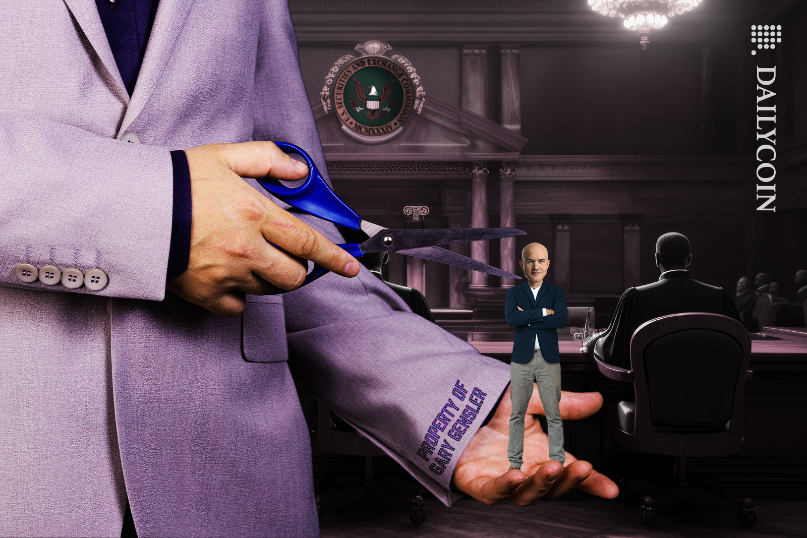 Gary Gensler big in court trying to threaten Brian Armstrong with scissors.