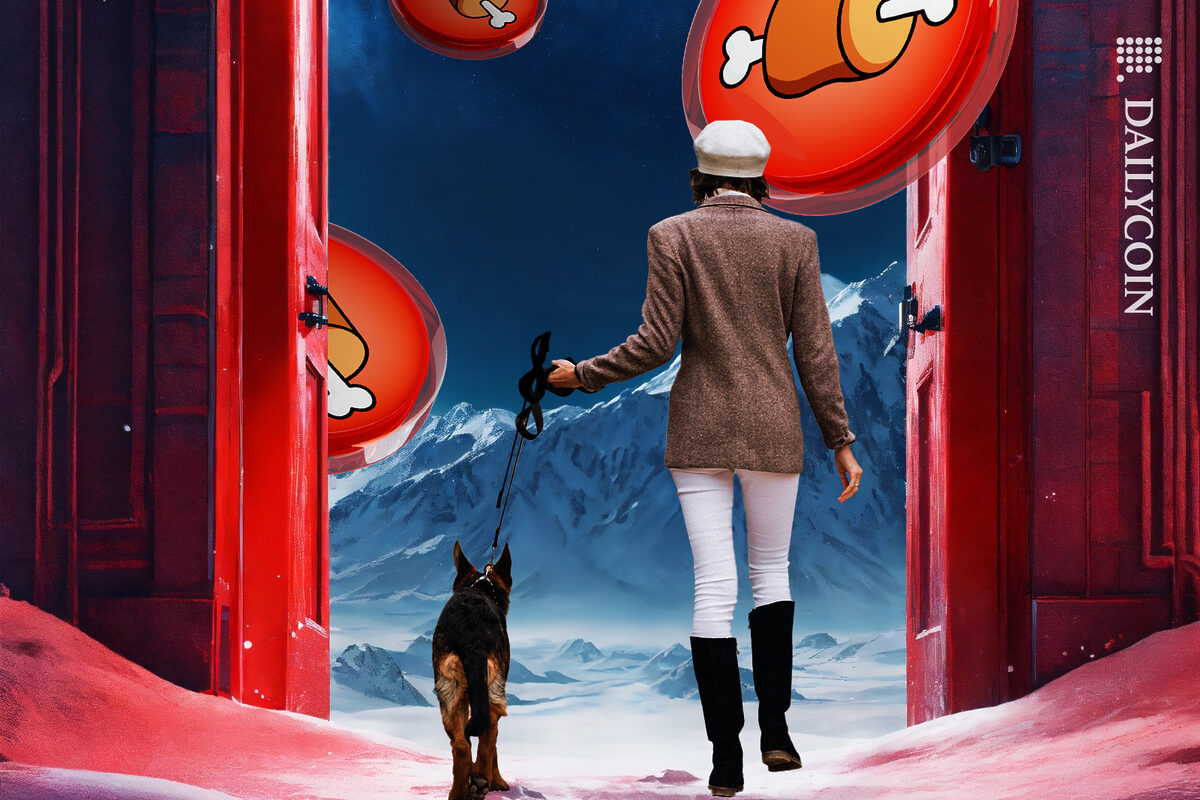 Woman walking through the open gates with her dog where all the Shib BONE is.