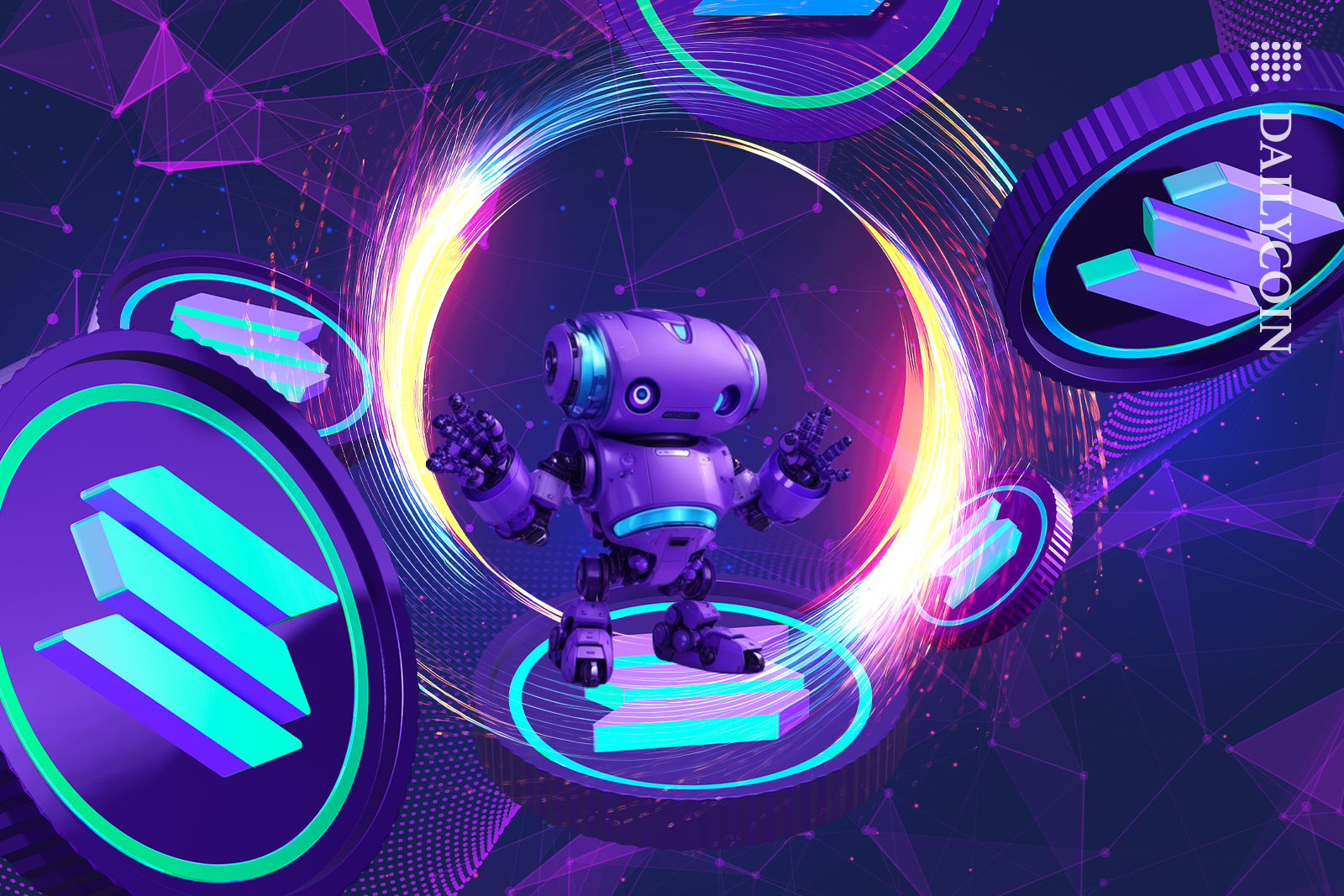 Robot making an energy circle, with a Solana coins explosion.