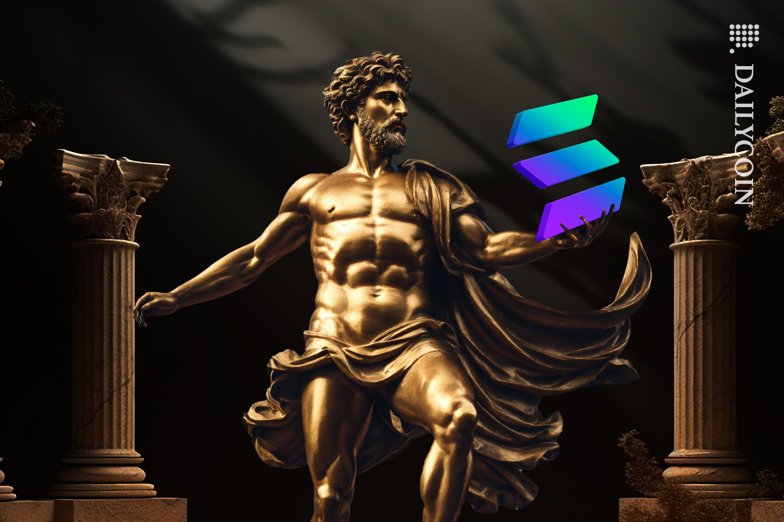 Bronze sculpture proudly holding Solana.