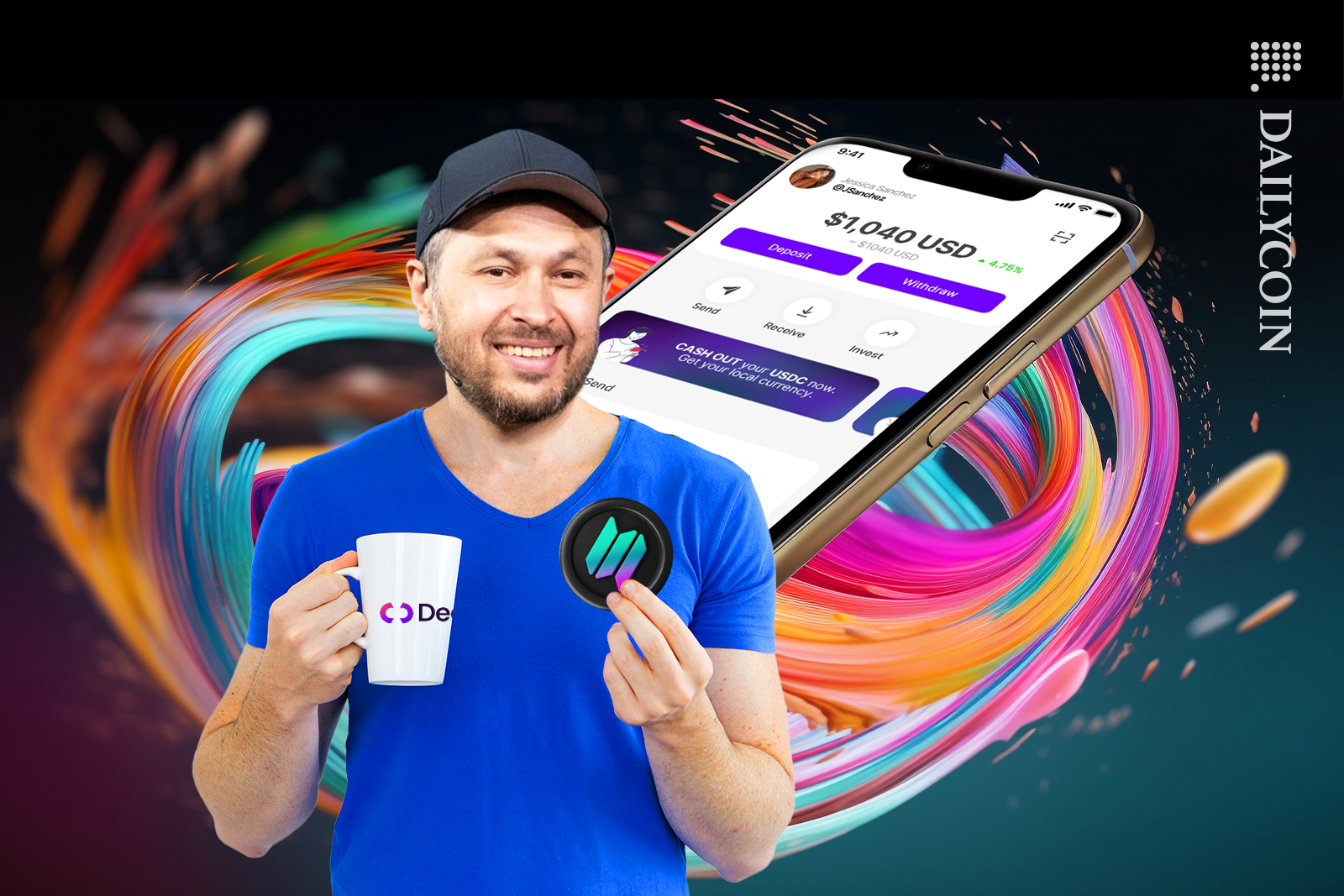 Anatoly Yakovenko holding a cup of Decaf and holding a Solana like a cookie. Presenting his new Decaf mobile platform.