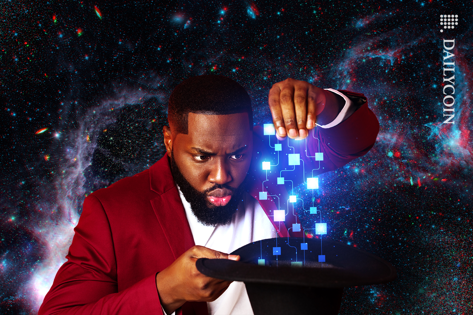 Guy pulling a network vail out of a magicians hat in space.