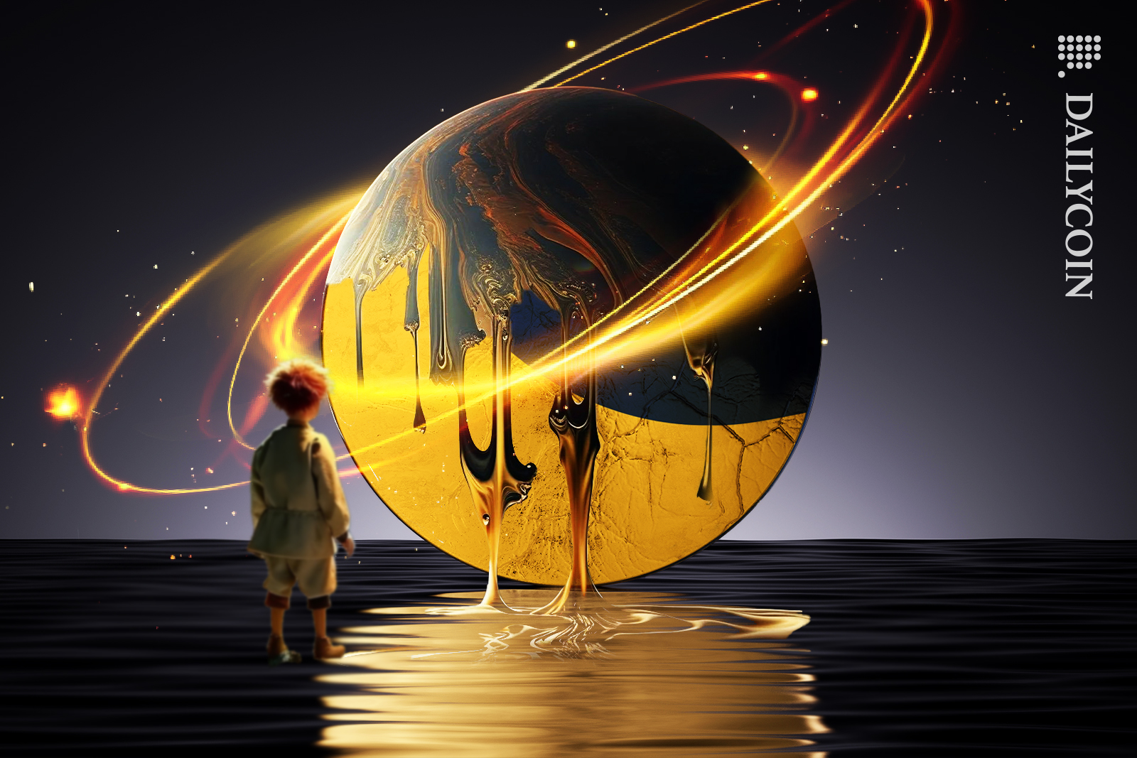 Terra Luna is dripping in gold paint and glowing, little prince character is watching.