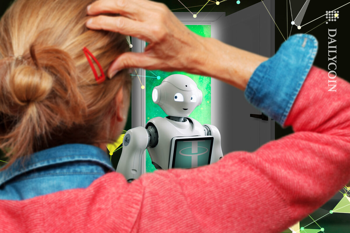 Tether robot came out of the entrace door, making contact with a woman, wanting to help her.