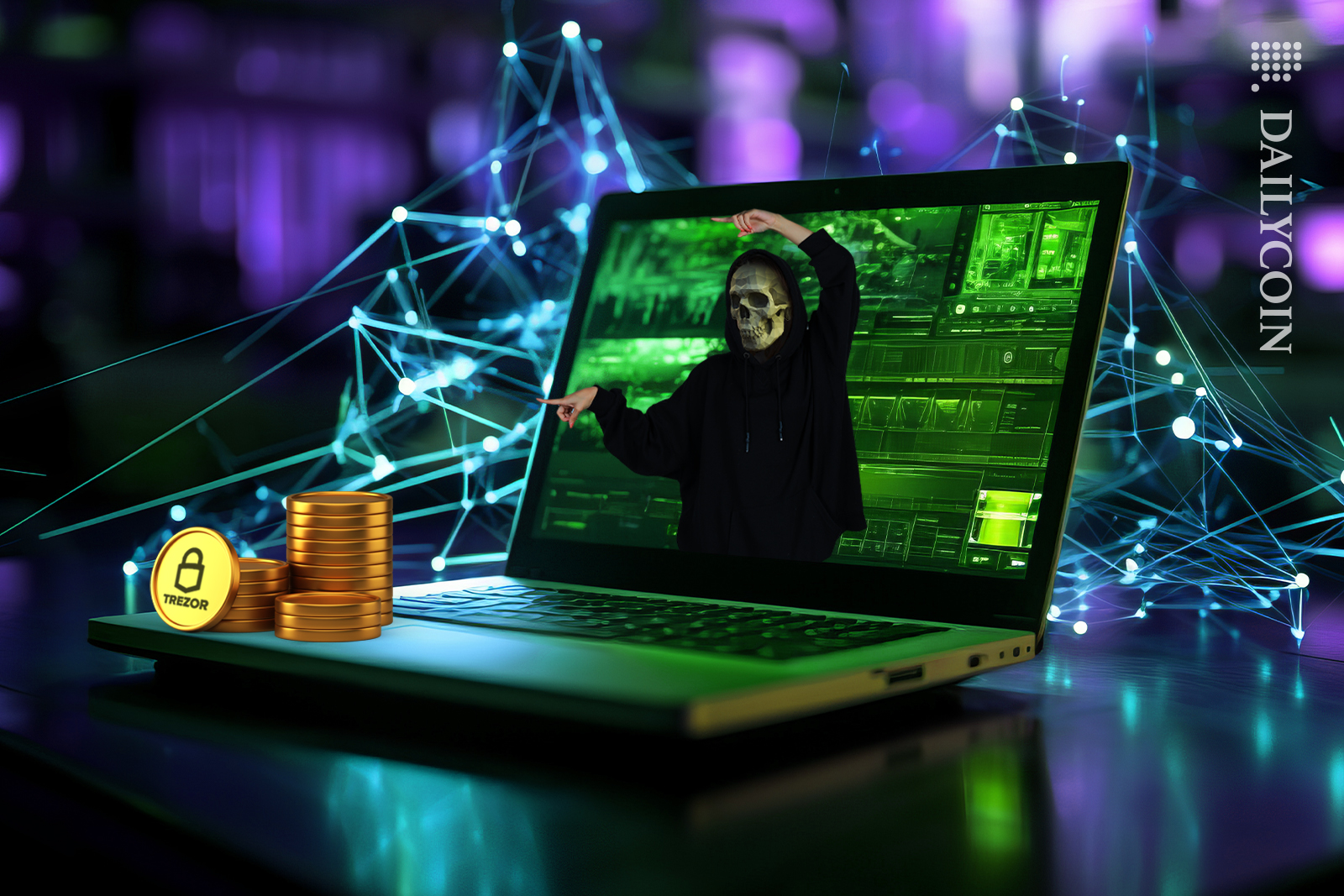 Scull scammer pointing to fake Tezor coins out of a laptop.