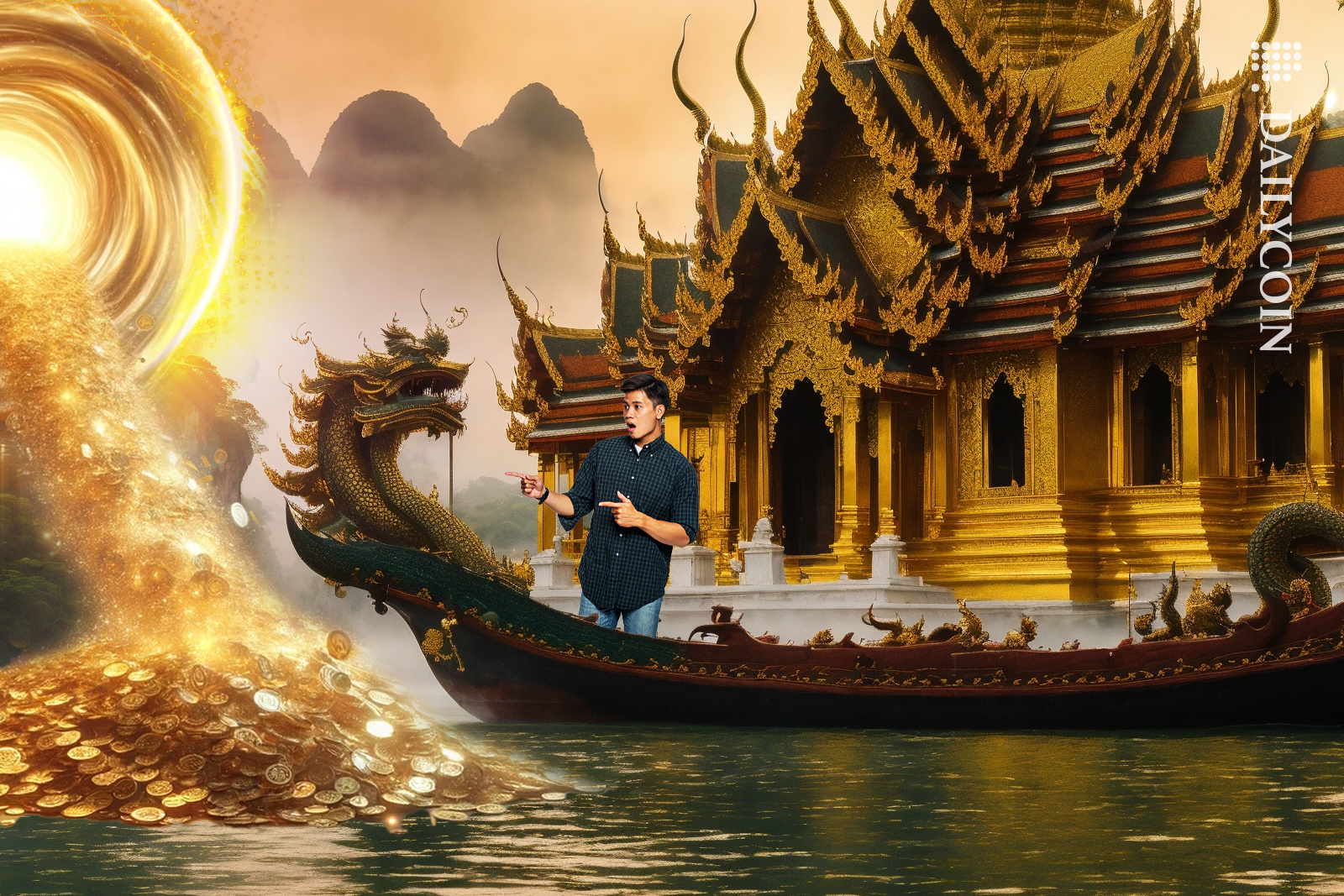 Guy on a boat in Thailand seeing a portal spitting out golden digital coins.