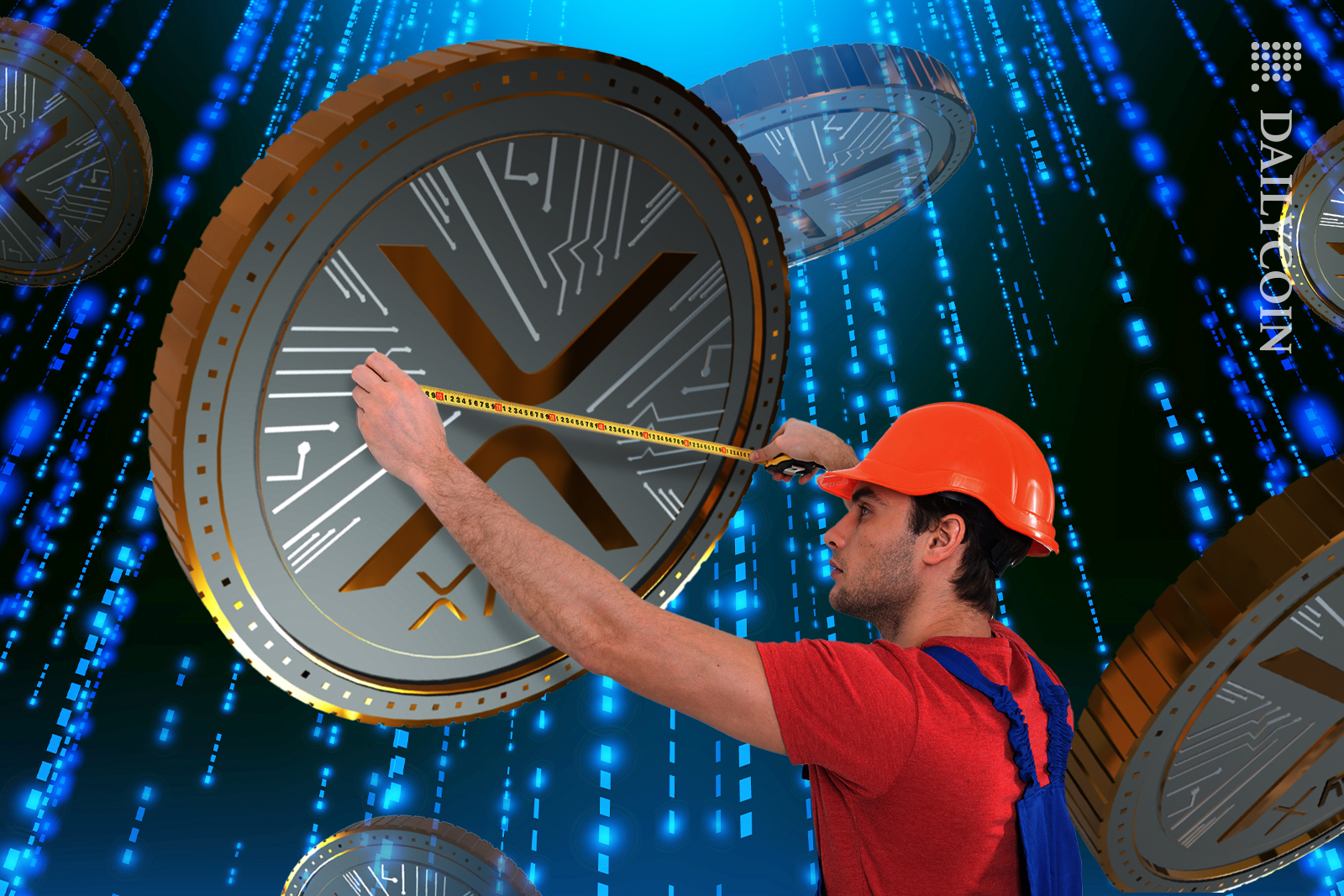 Guy measuring XRP coin as its floating up in the network space.
