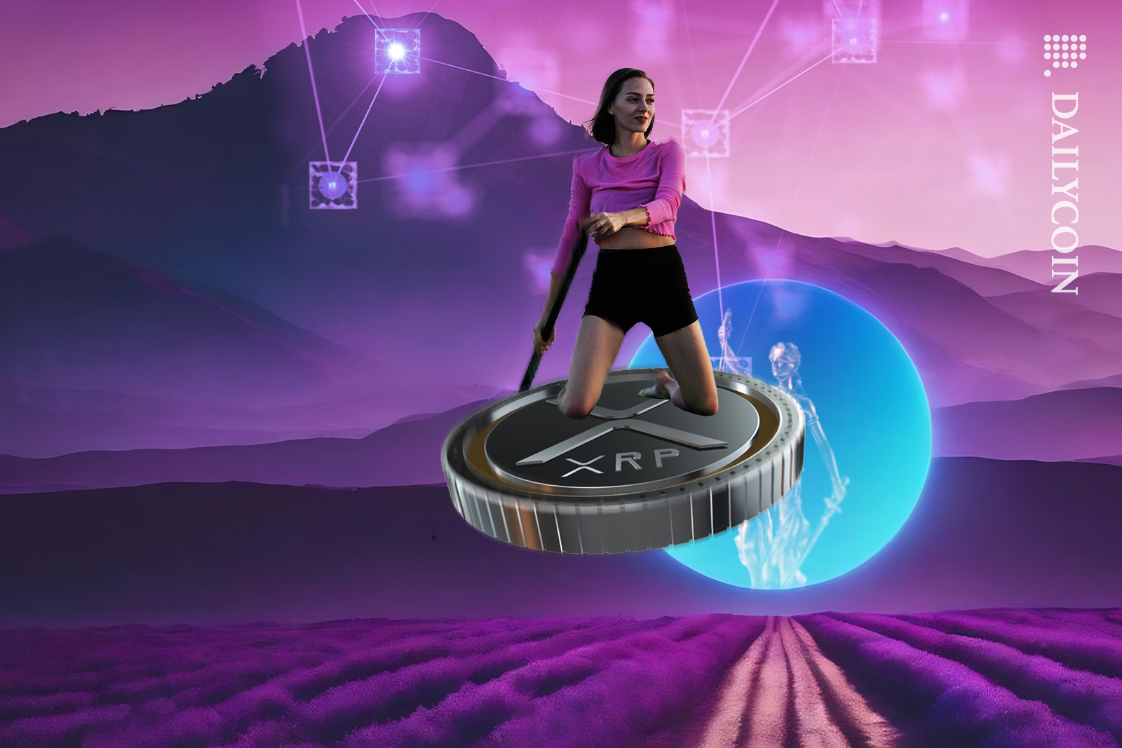 Woman taking out XRP coin on a test price drive overseen by lady justice.