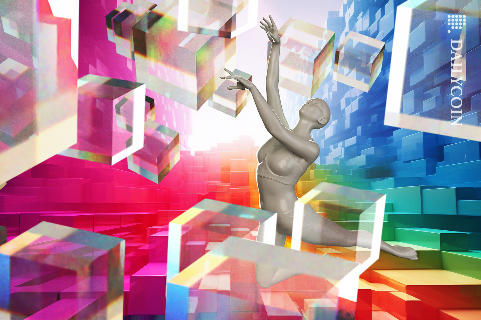 Blockchain cubes travellin through digital space.