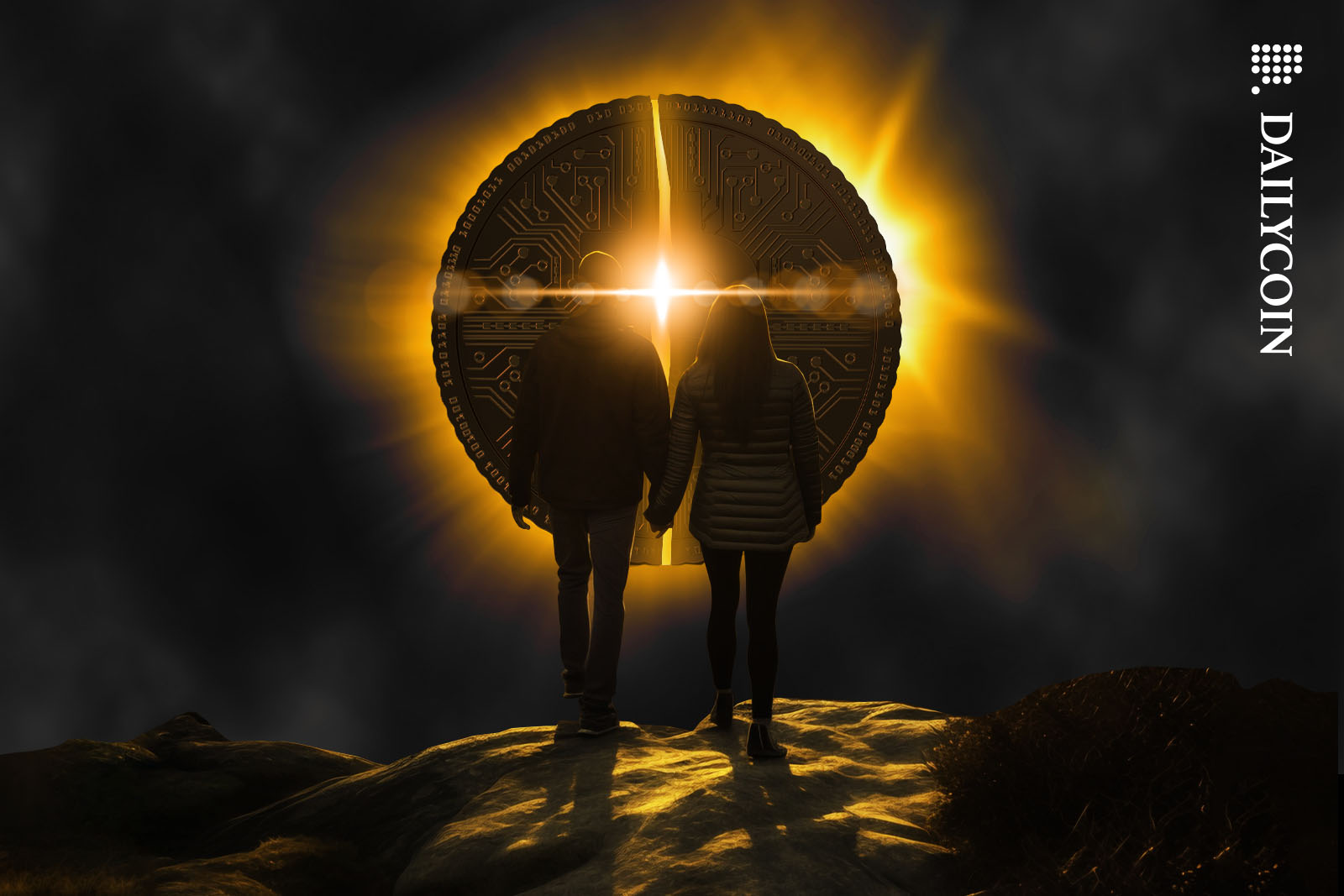 A couple watching a total Bitcoin eclipse halving from a cliff.
