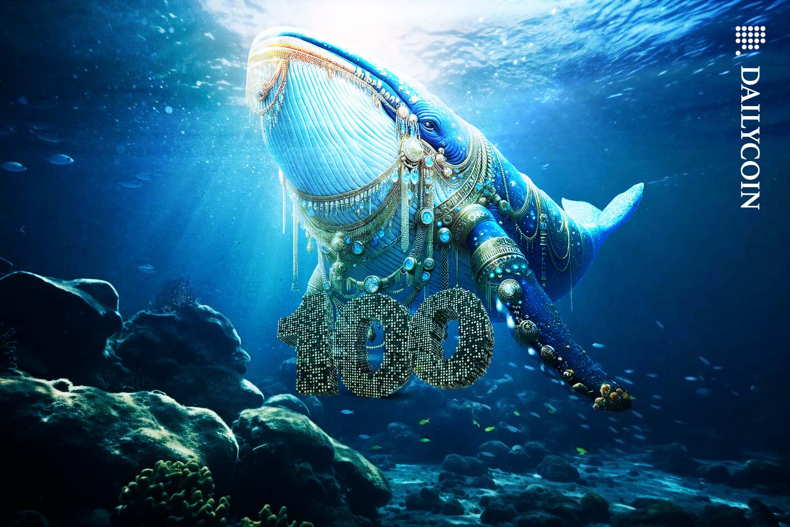 A whale under water, wearing lots of jewelry including a huge "100" pendant.