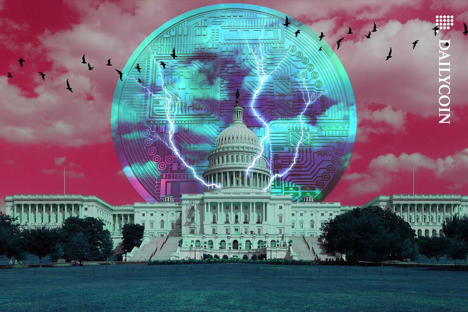 Capitol Building with a huge digital coin behind it and lightning bolts coming out of its cupola.