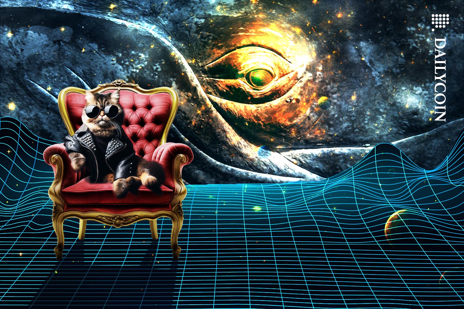 Confident cat sitting in an armchair as a huge whale behind him staring at him.