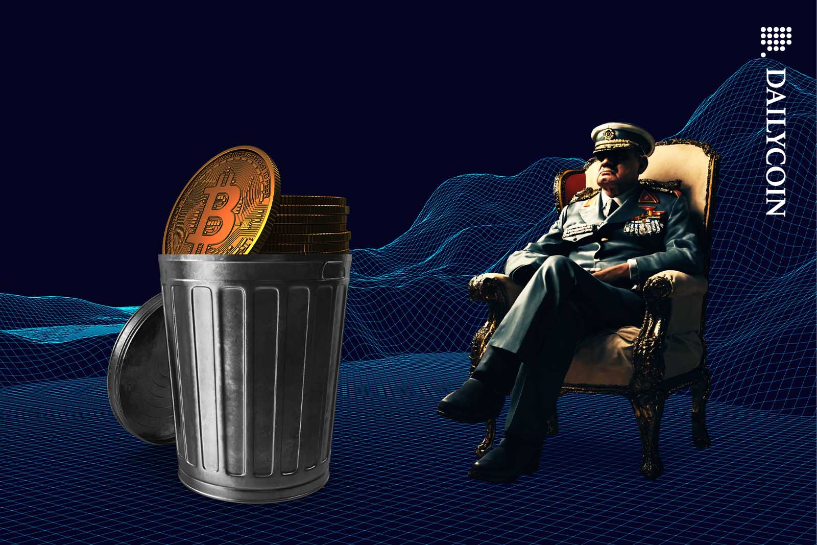 A dictator sitting in a fancy chair looking at some Bitcoins in a bin.