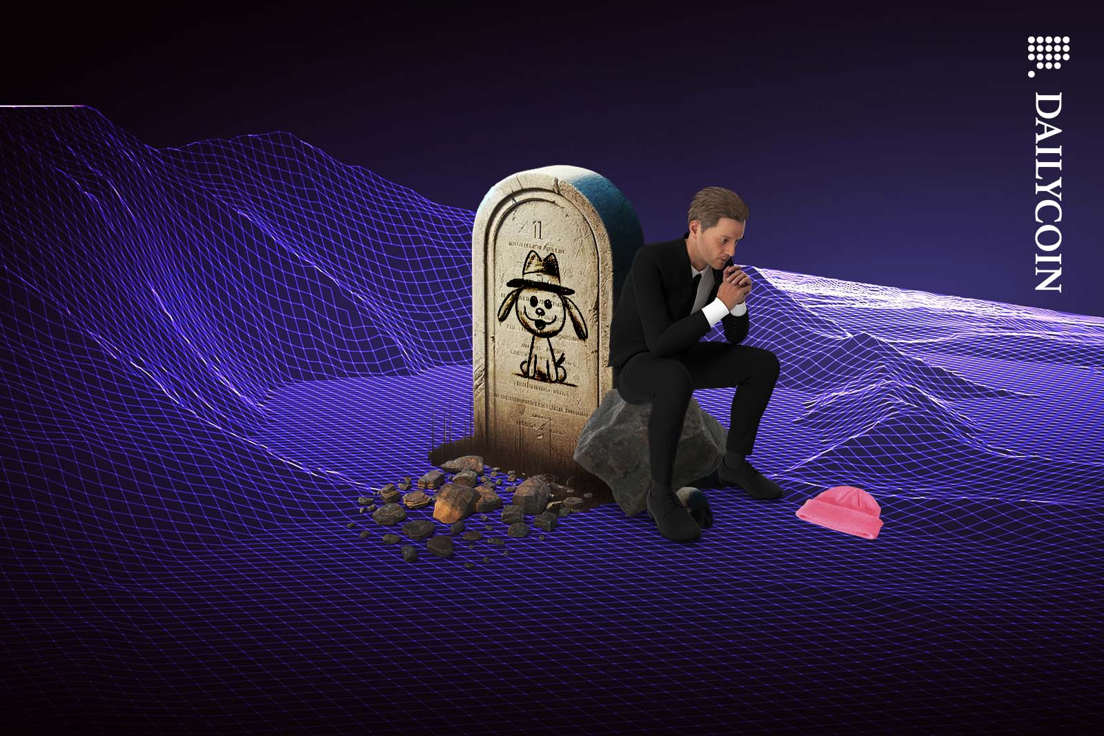 A sad man sitting next to a dog's grave and a pink hat.