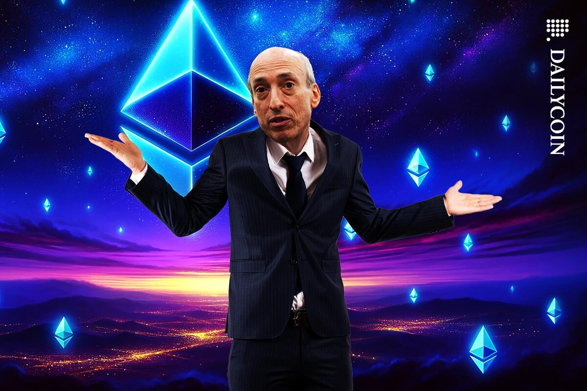 Gary Gensler shrugging his shoulders as Ethereum logos illuminate the sky behind him.