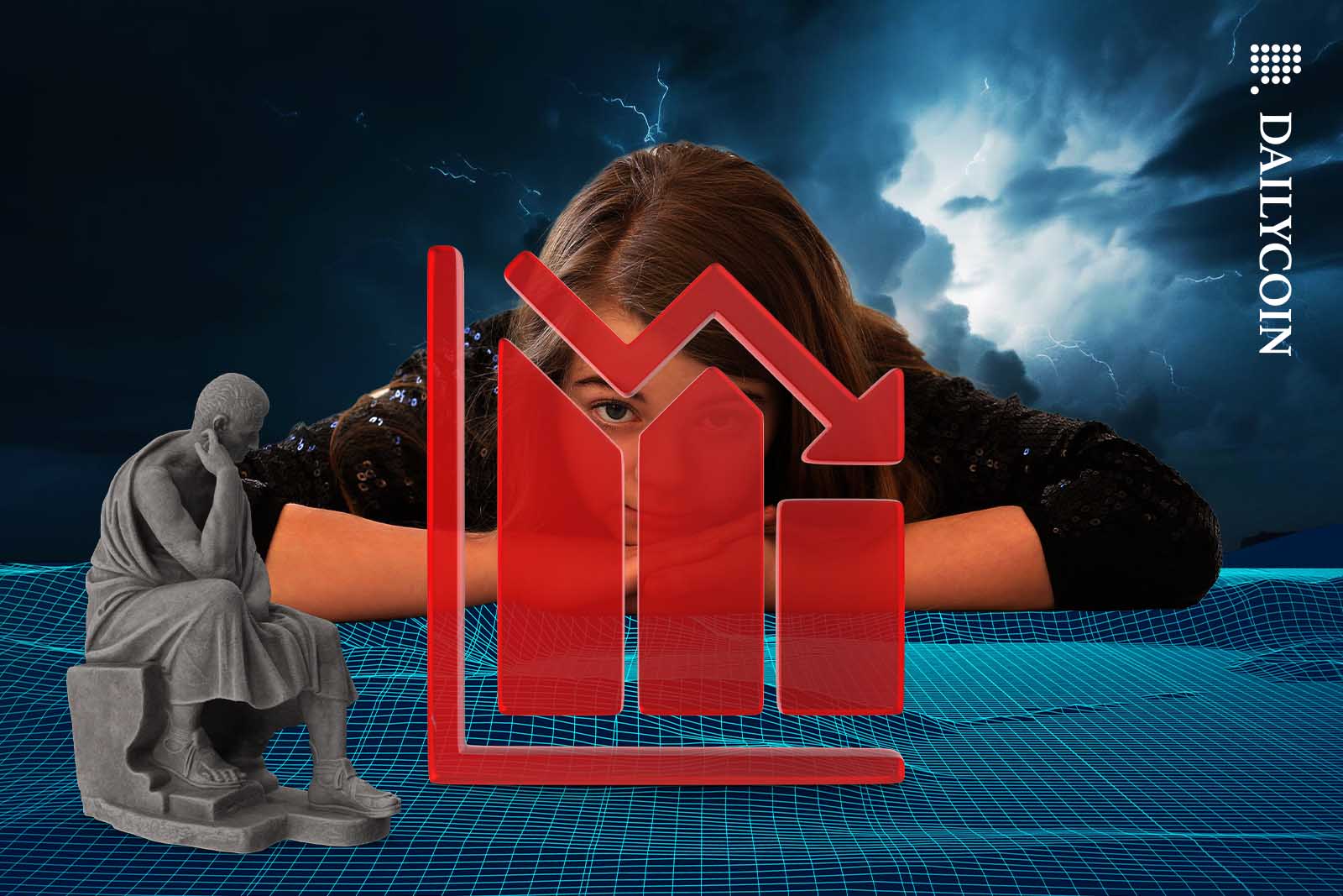 A girl and a Philosopher statue looking at a red downwards chart.
